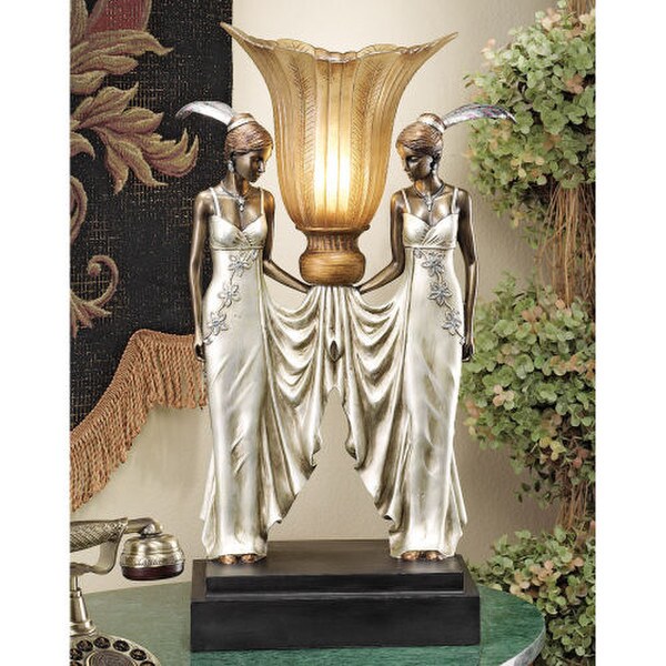Art Deco Peacock Maidens Illuminated Lamp Statue Dramatic Romantic